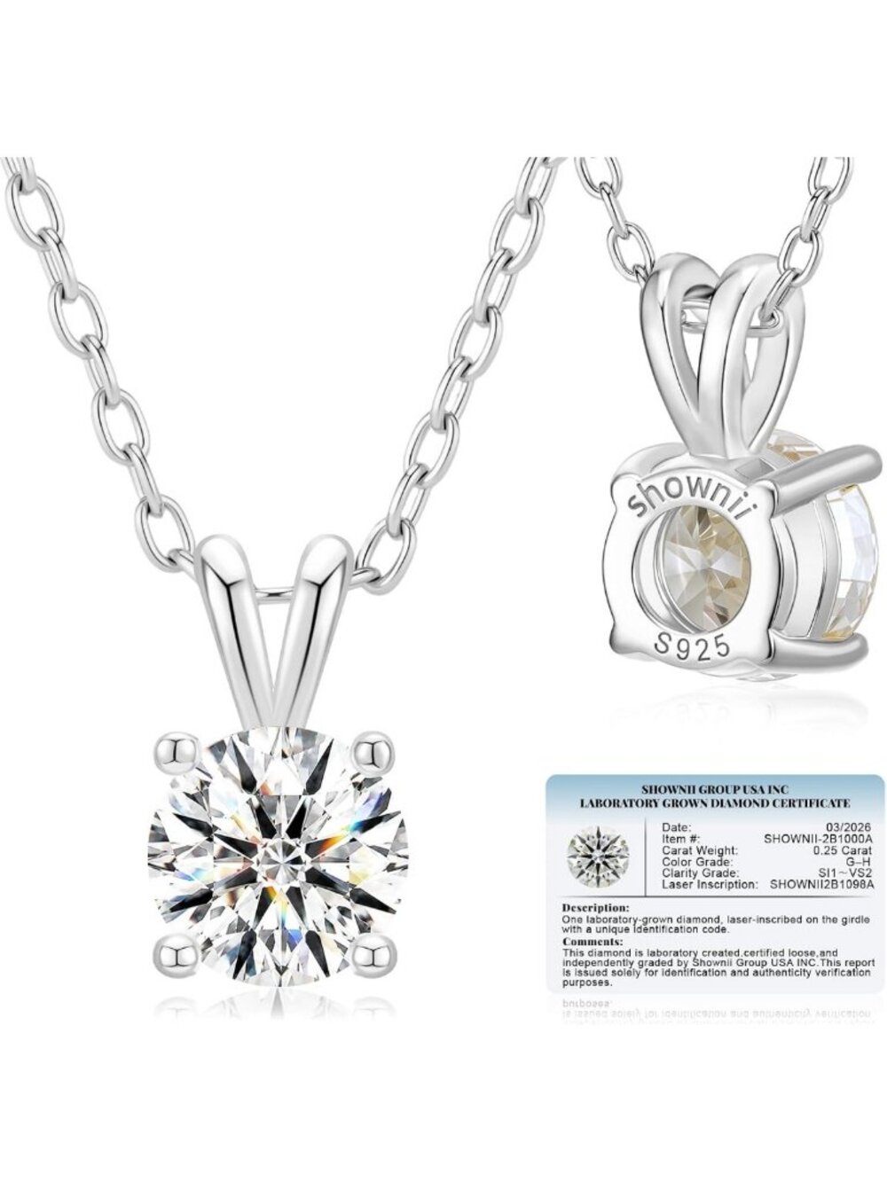 Lab Grown Diamond Solitaire Pendant Necklace for Women - 0.25-2CT Elegant